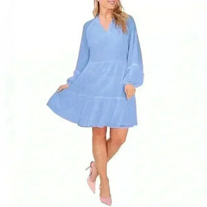 CeCe Split Neck Long Sleeve Clip Dot Tiered Babydoll Dress NEW